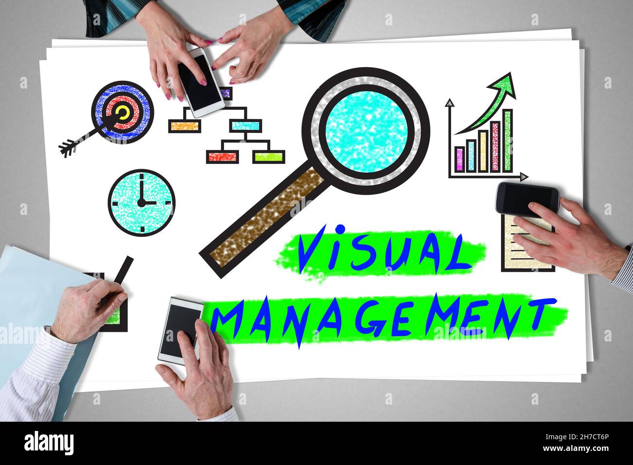 Visual management concept placed on a desk with hands using smartphones ...