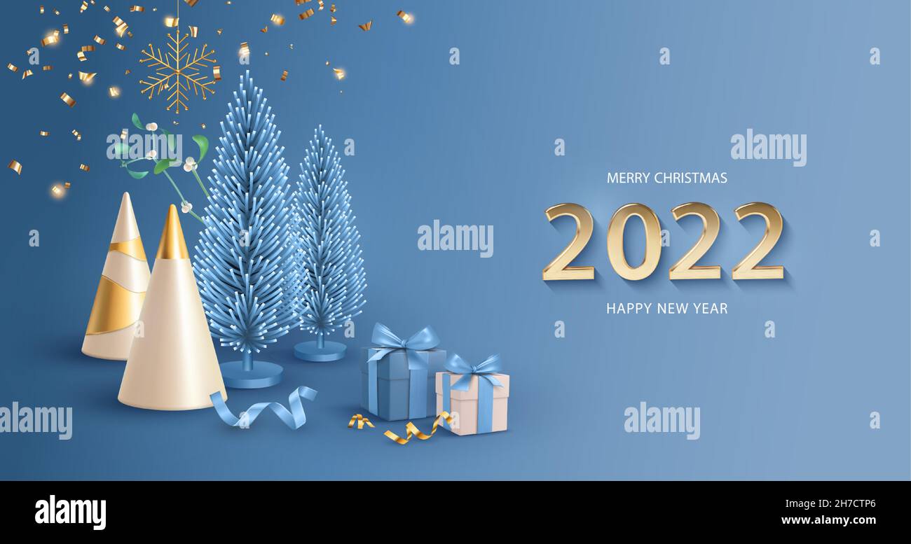 Christmas 2022 Banner New Year 2022 Realistic Illustration. Christmas Banner With Conical  Christmas Trees And Geometric 3D Shapes Stock Vector Image & Art - Alamy