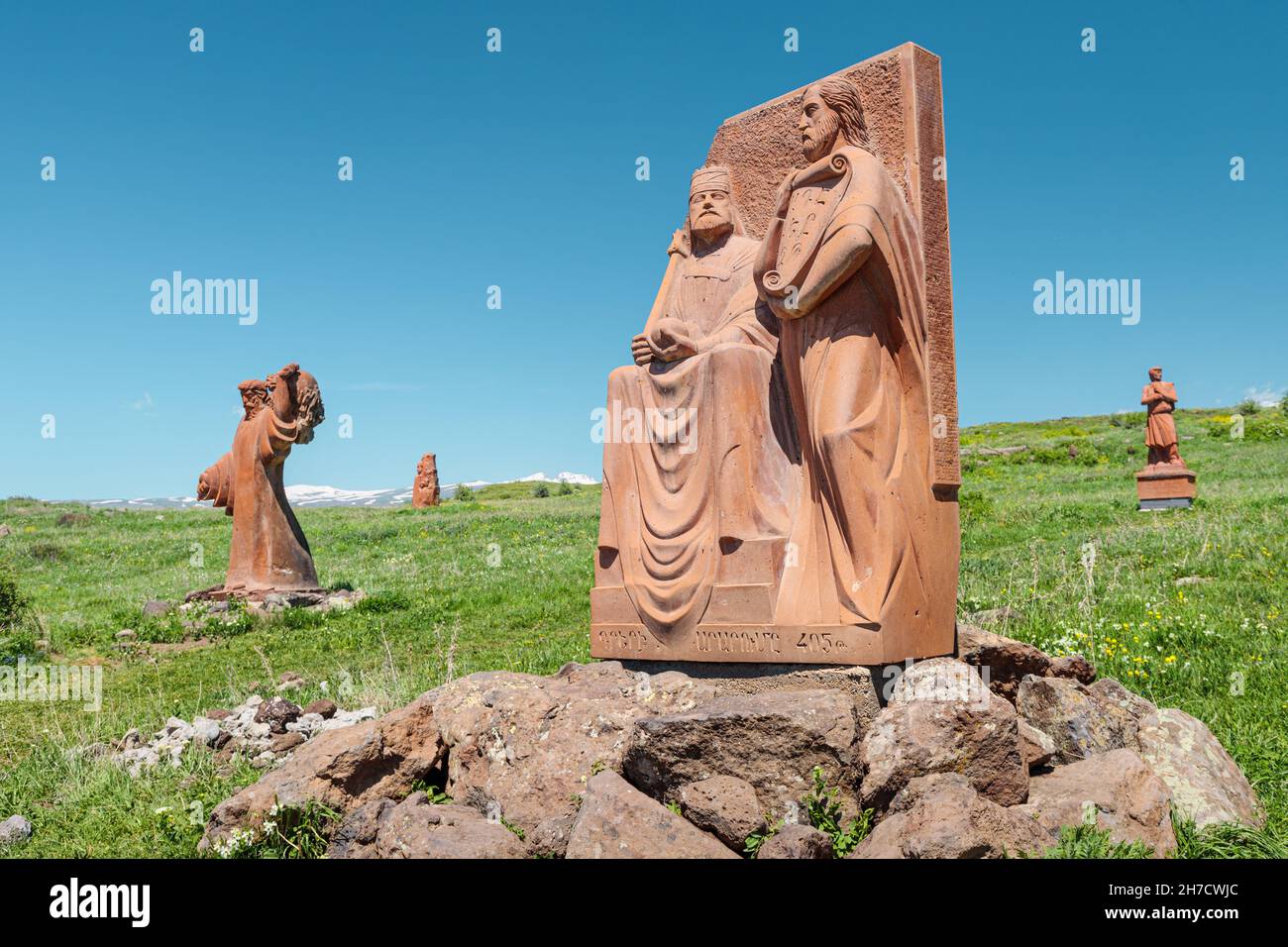 19 May 2021, Aragatsotn, Armenia: Armenian alphabet monument with stone sculptures of letters and Mesrop Mashtots Stock Photo