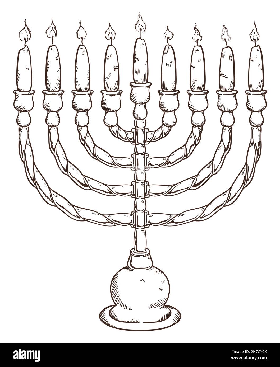 Hand drawn design of a colorless chanukiah with its nine lighted candles, ready for Hanukkah celebration Stock Vector