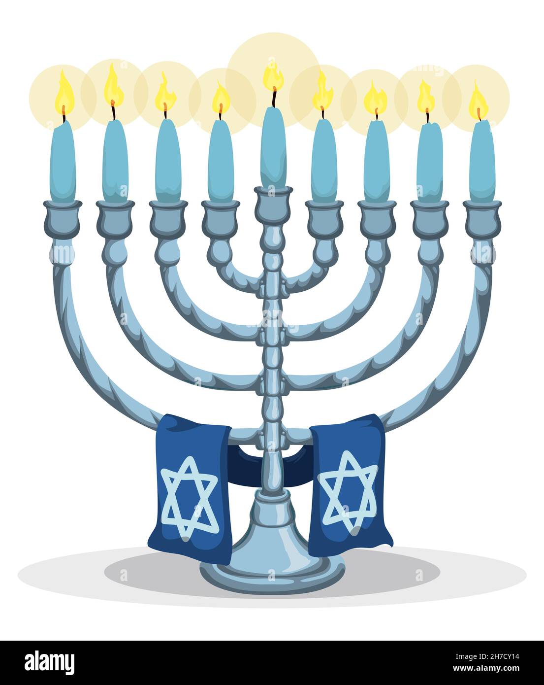 Solemn view of lighted Chanukiah, decorated with a blue scarf in it with Stars of David, ready for Hanukkah celebration. Stock Vector