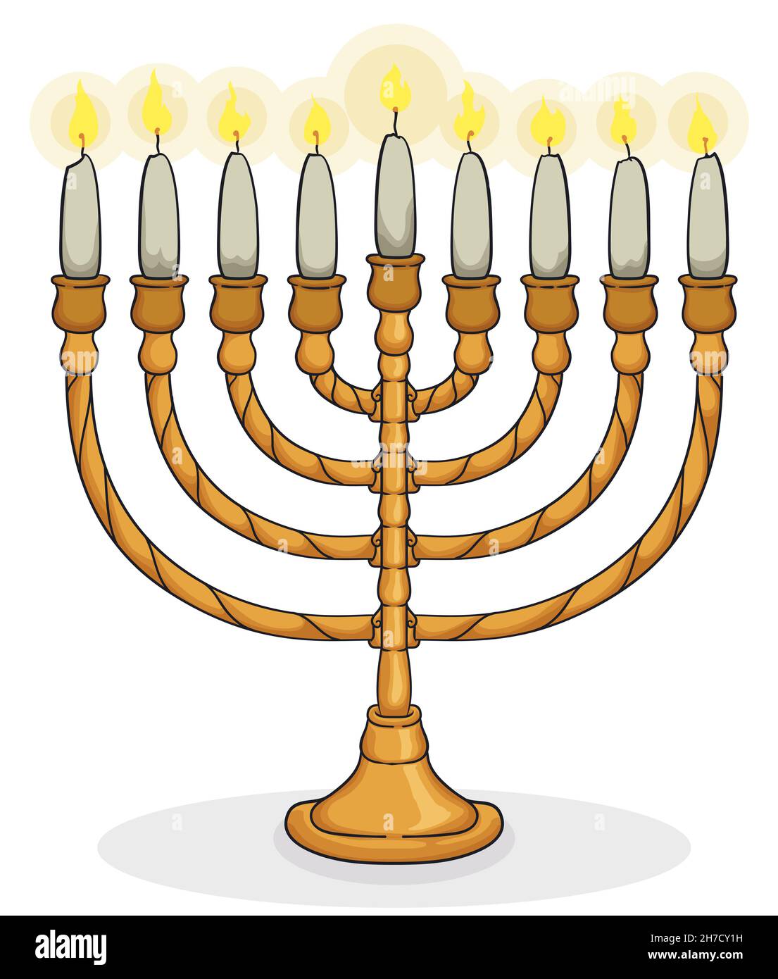 Lighted chanukiah with all its nine candles illuminated, ready for Hanukkah celebration. Design in cartoon style. Stock Vector