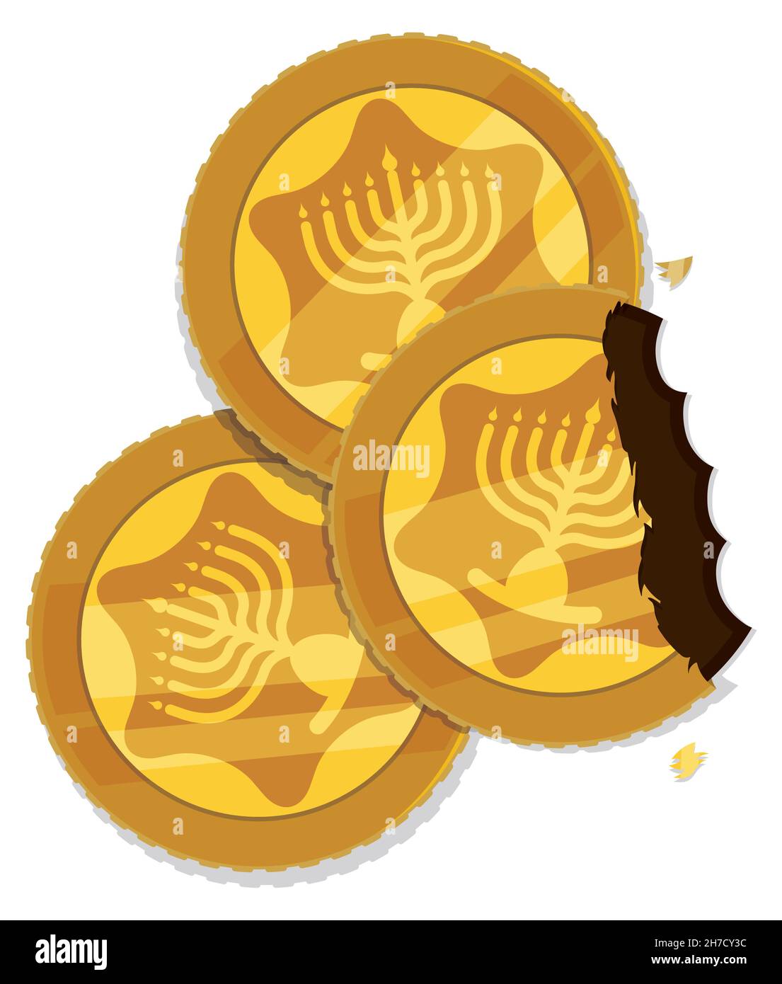 Three Hanukkah gelt -chocolate coins- decorated with David's Star and hanukkiah silhouettes, with one opened and other with bite mark. Stock Vector