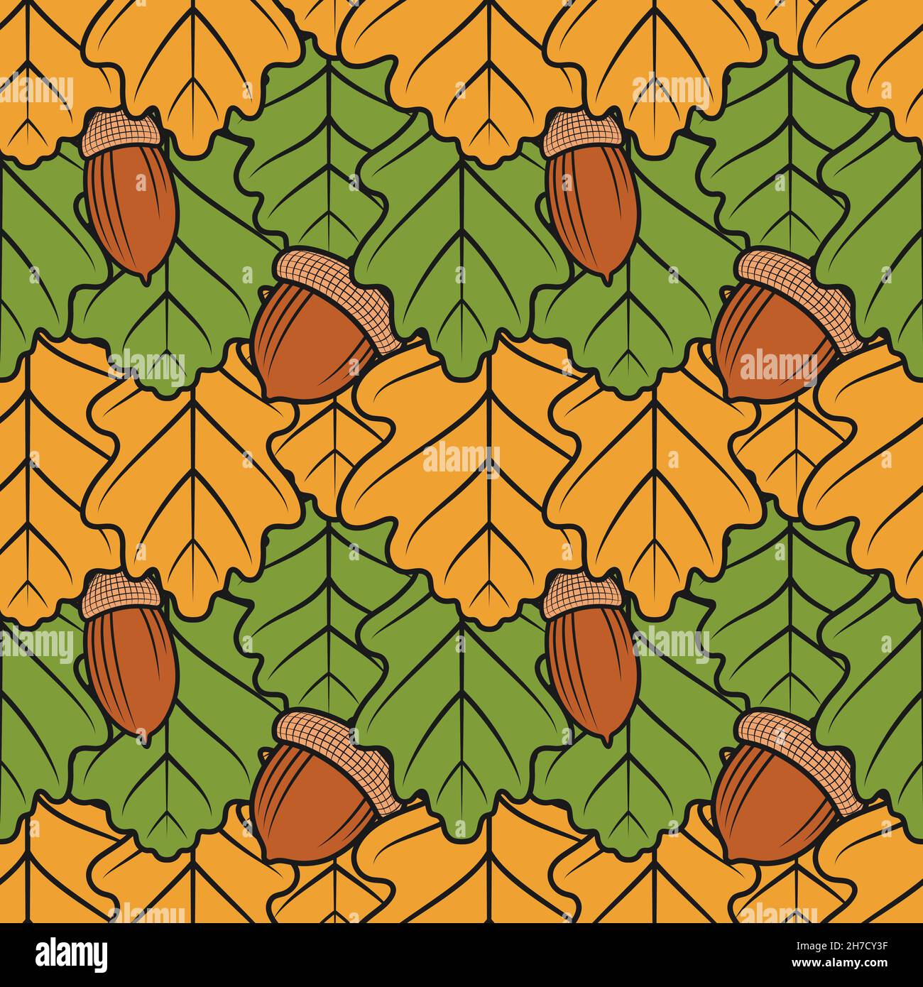 Color seamless pattern with oak leaves and acorns. Vector background. Stock Vector