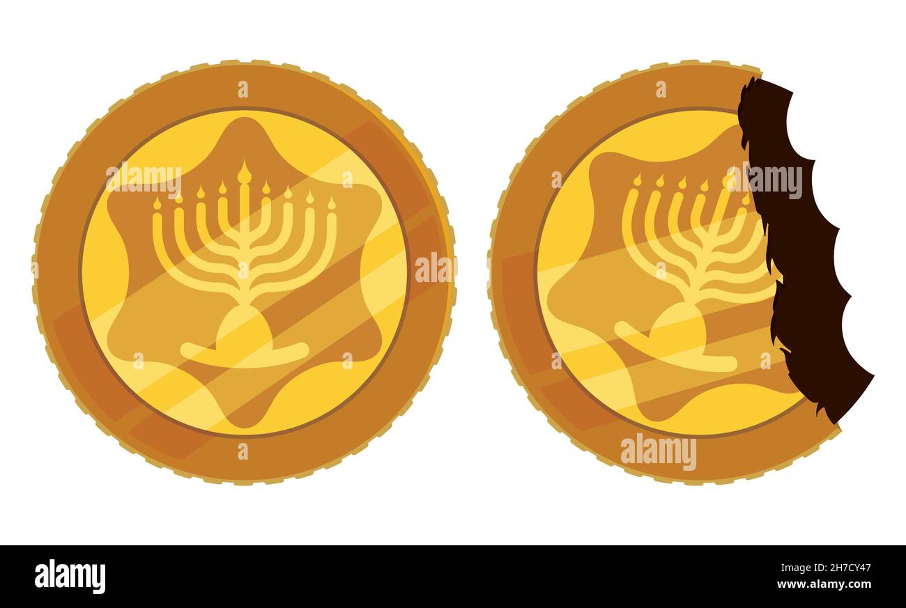 Set with two Hanukkah gelt or chocolate coins, covered with golden foil and one of them opened and the other bitten, design over white background. Stock Vector