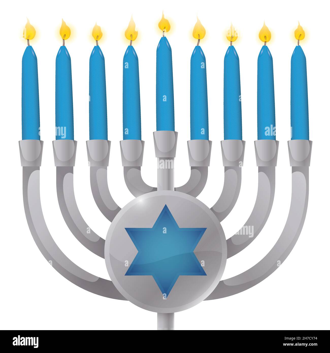 Isolated silver Hanukkiah, with blue lighted candles and button with Star of David over white background. Stock Vector