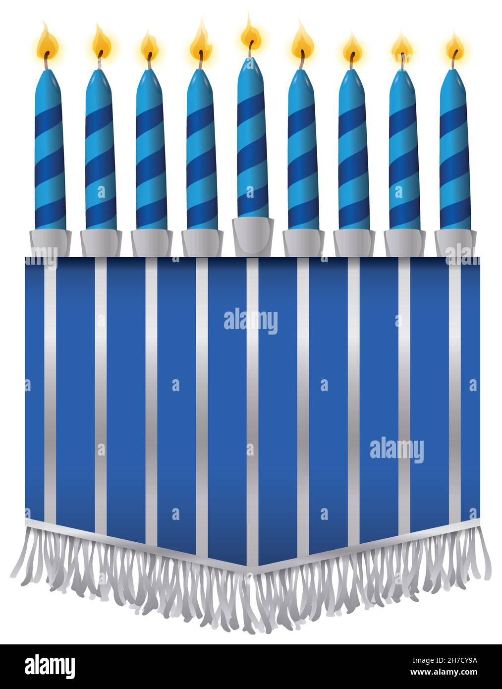 Blue, lighted and striped candles like a hanukkiah over pennant decorated with fringes over white background. Stock Vector