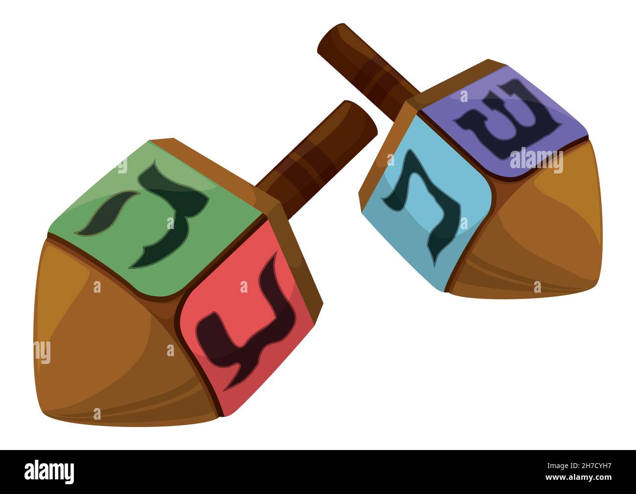 Two dreidels -a four-sided spinning top- with traditional Hebrew letters to have fun with children and friends during Hanukkah. Stock Vector