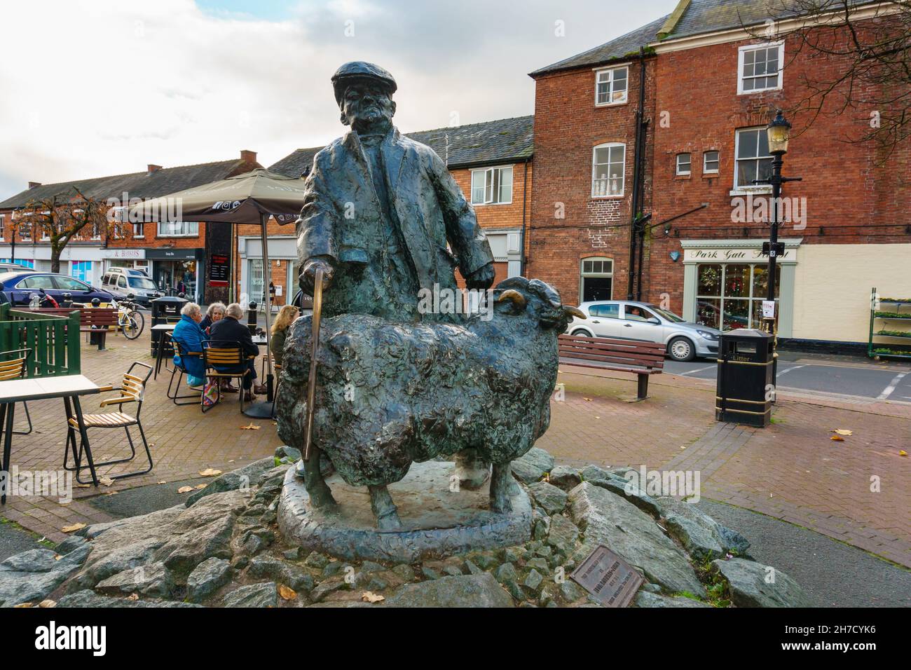 Sculpture entitled The Borderland Farmer by the sculptor Ivor Roberts-Jones in Festival Square Oswestry North Shropshire England. Stock Photo
