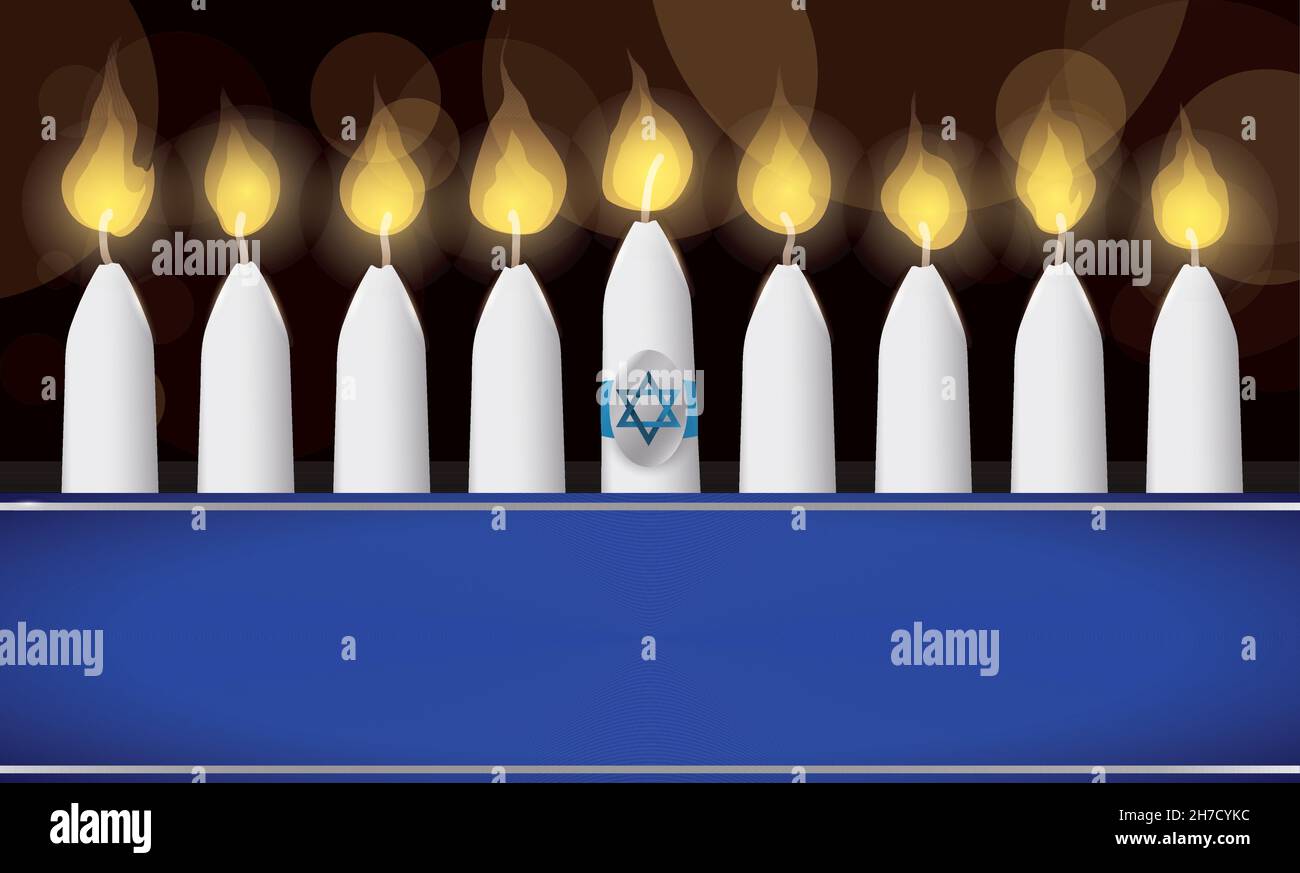 Nine lighted candles and the shamash decorated with Star of David, behind  blue ribbon with empty space over dark background with bokeh effect Stock  Vector Image & Art - Alamy