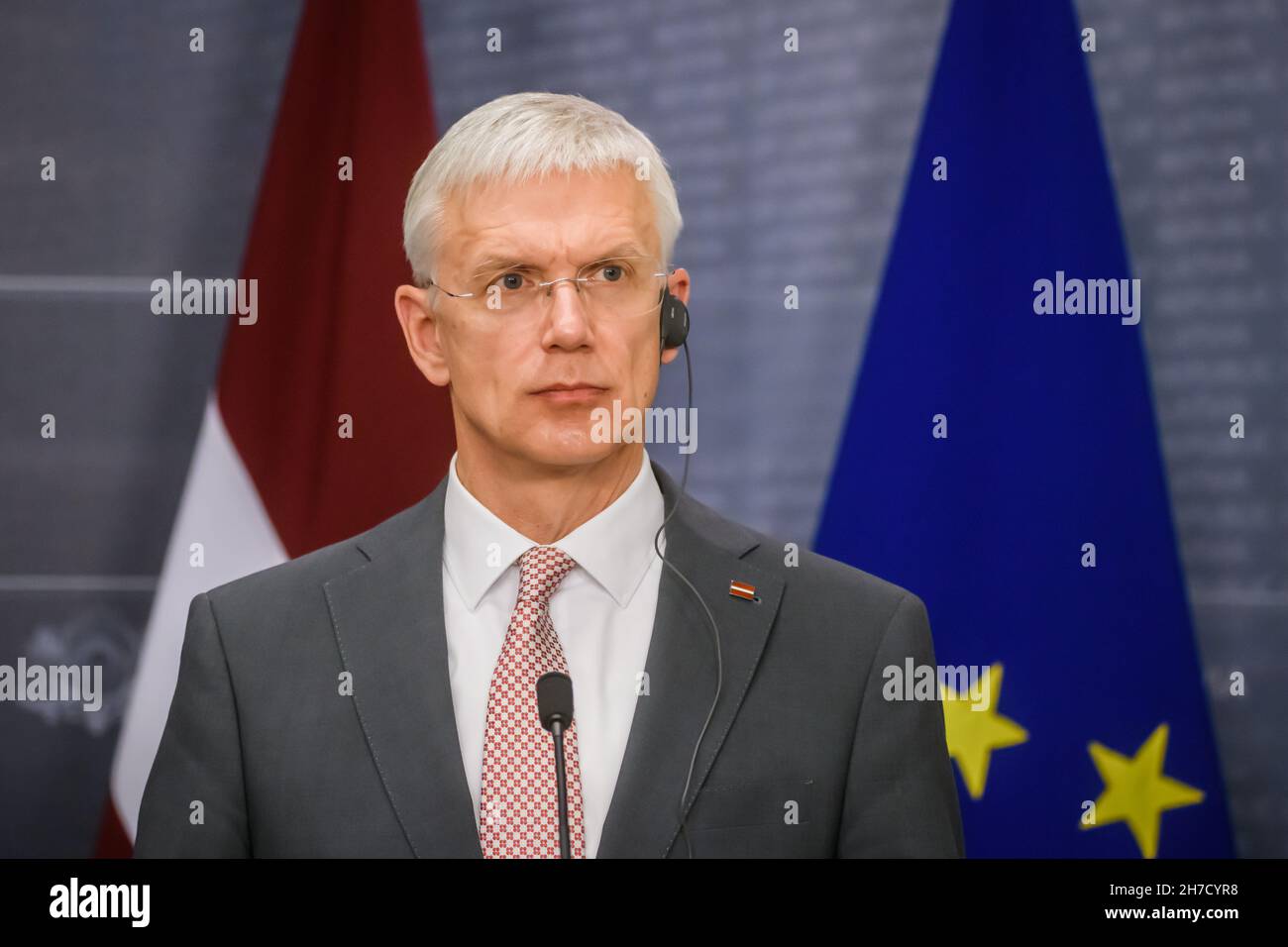 RIGA, LATVIA. 21st November  2021. Mateusz Morawiecki, Prime Minister of Poland and Krisjanis Karins (at photo), Prime Minister of Latvia, during press conference after meeting. Stock Photo