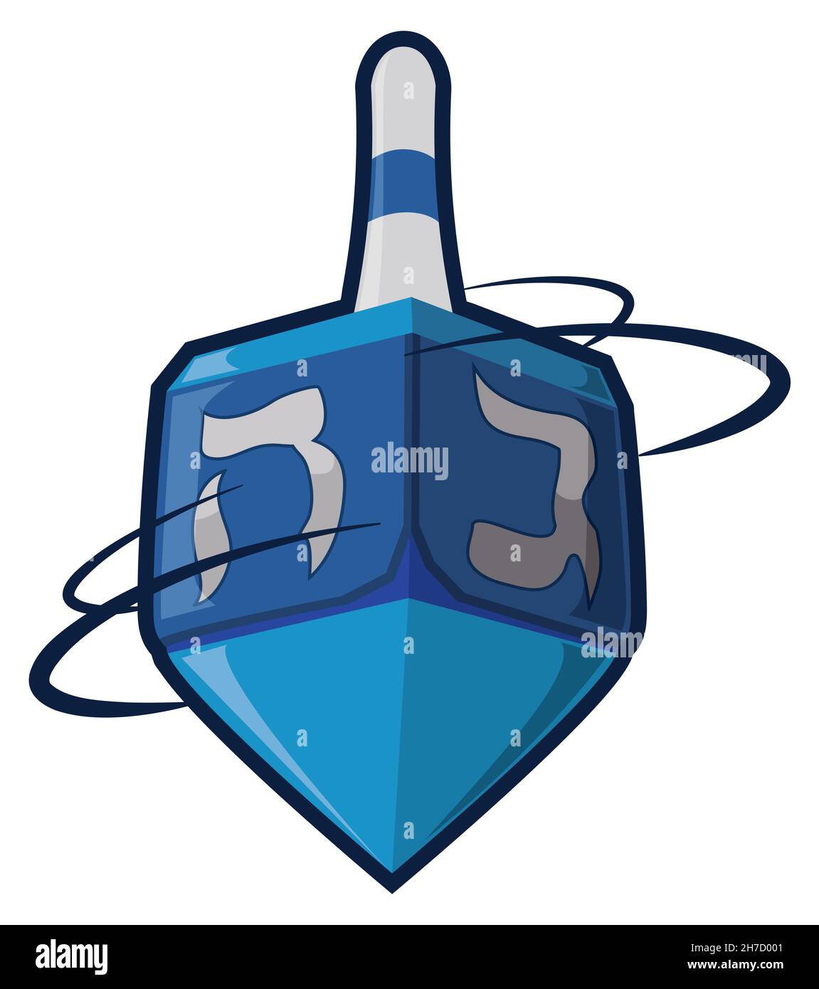 Spinning blue dreidel -or teetotum- with Hebrew letters to play and celebrate during Hanukkah holiday. Design in cartoon style with bold outline. Stock Vector