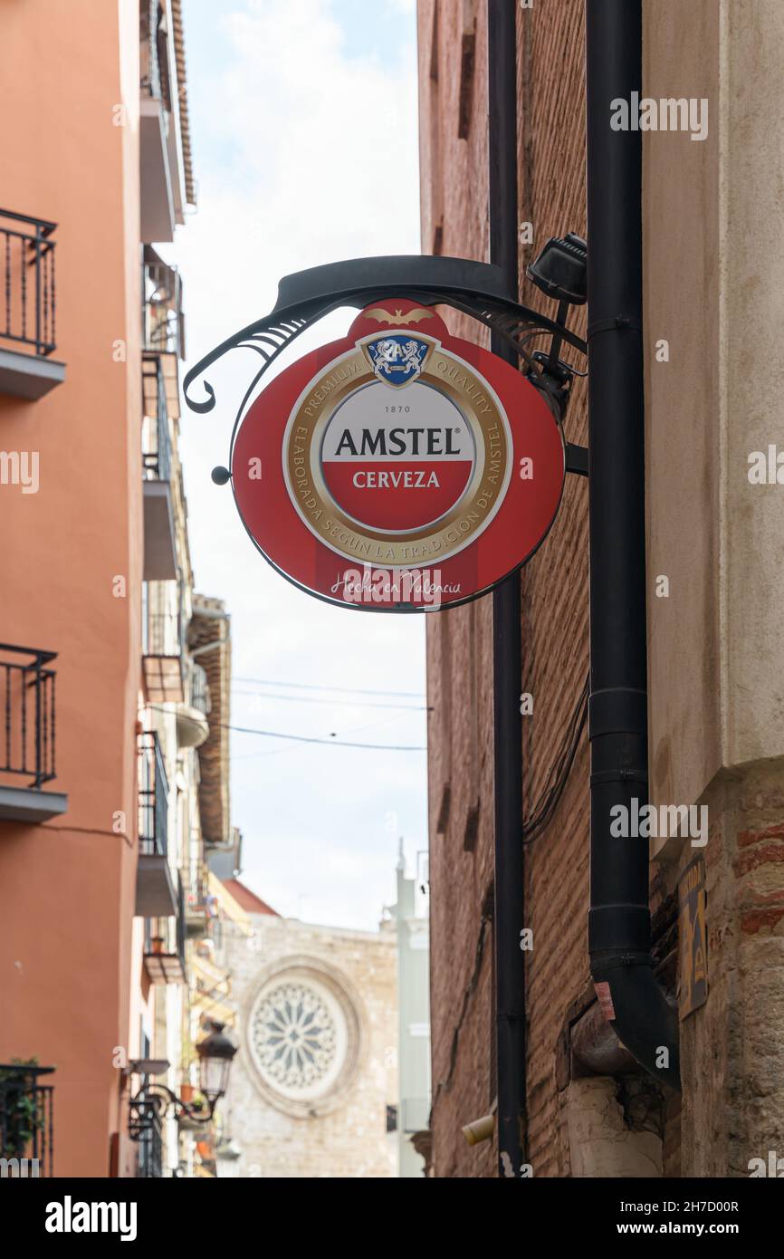 VALENCIA, SPAIN - NOVEMBER 19, 2021: Amstel is a Dutch brewery founded in 1870, owned by Heineken International since 1968 Stock Photo