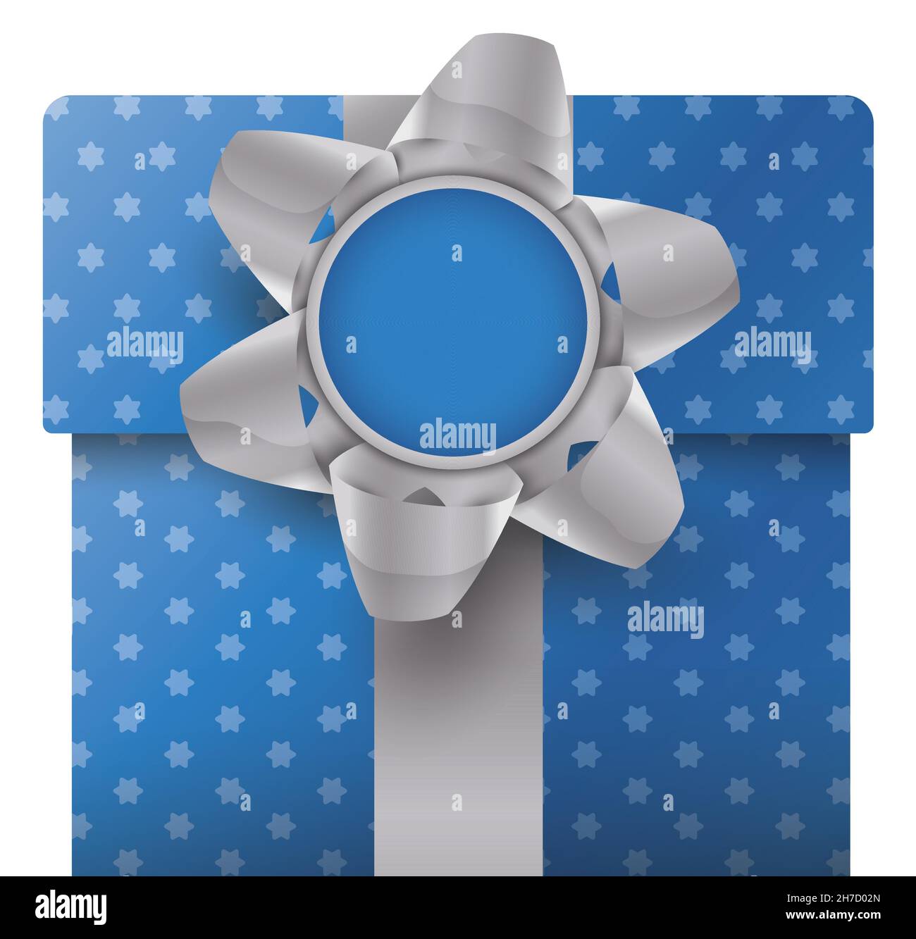 Giant gift box with starry pattern and decorated with silver ribbon and shiny bow Stock Vector