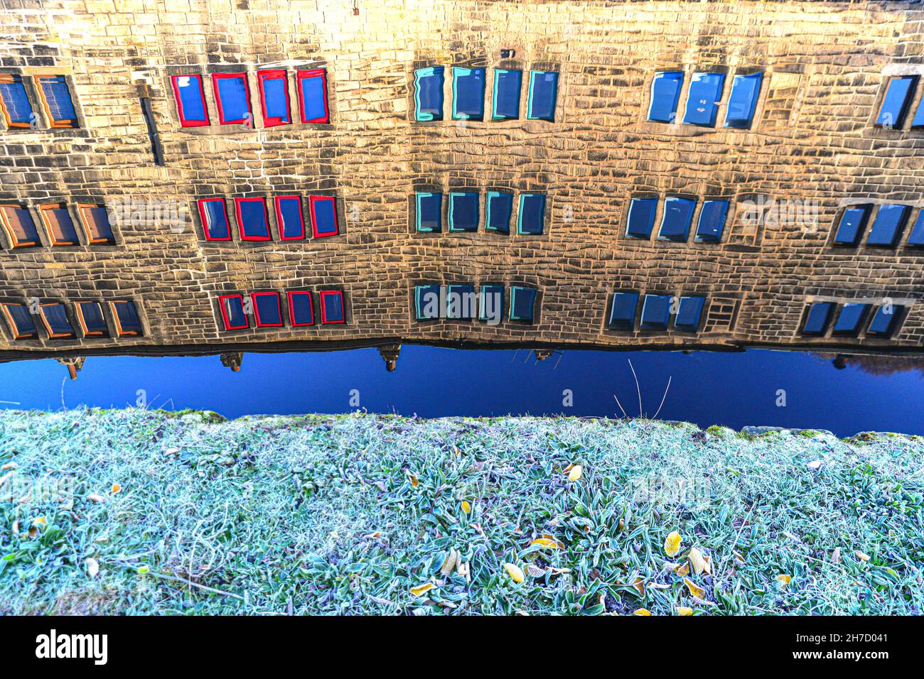 Weavers Windows Coloured Windows of Weavers Cottages, reflected in the Rochdale Canal ...