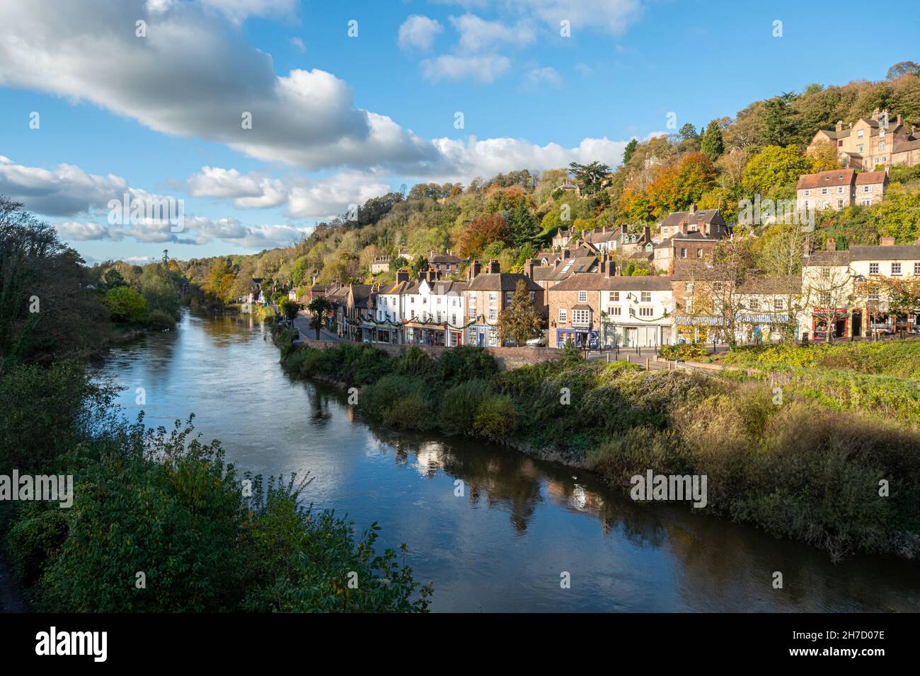 View of Ironbridge town and the River Severn on a sunny November day, Shropshire, England, UK, during autumn Stock Photo