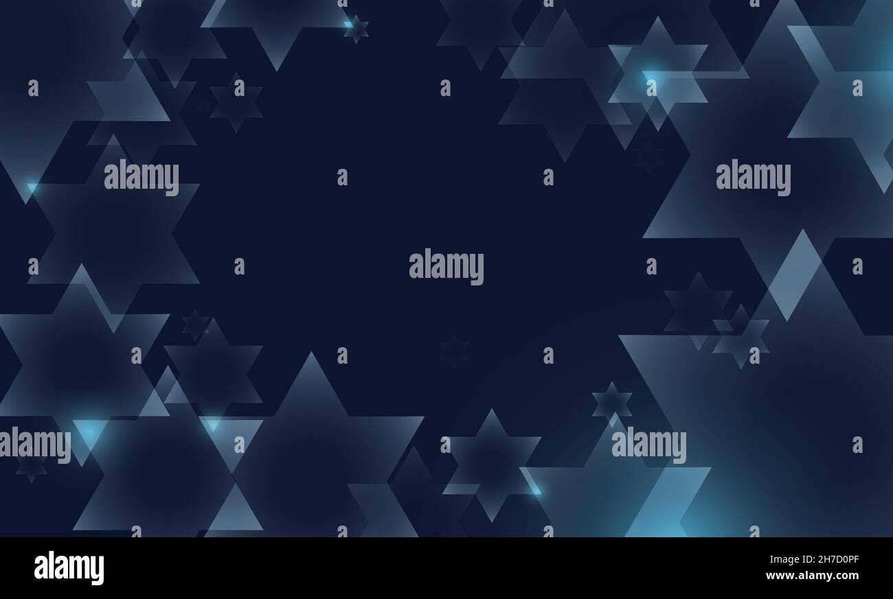 Abstract banner with stars of six points -or Stars of David- and glows over dark blue background. Stock Vector