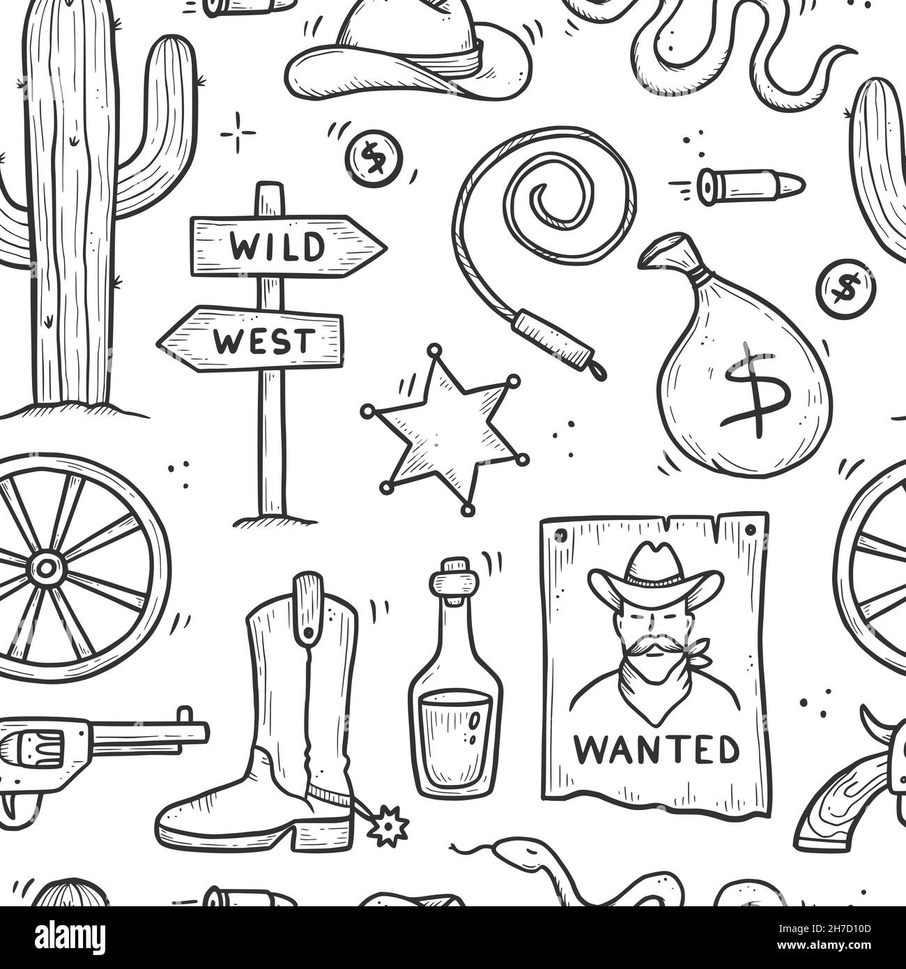 Cowboy western doodle seamless pattern. Hand drawn sketch line style. Cowboy shoe, cow skull, gun, cactus element. Wild west vector illustration. Stock Vector