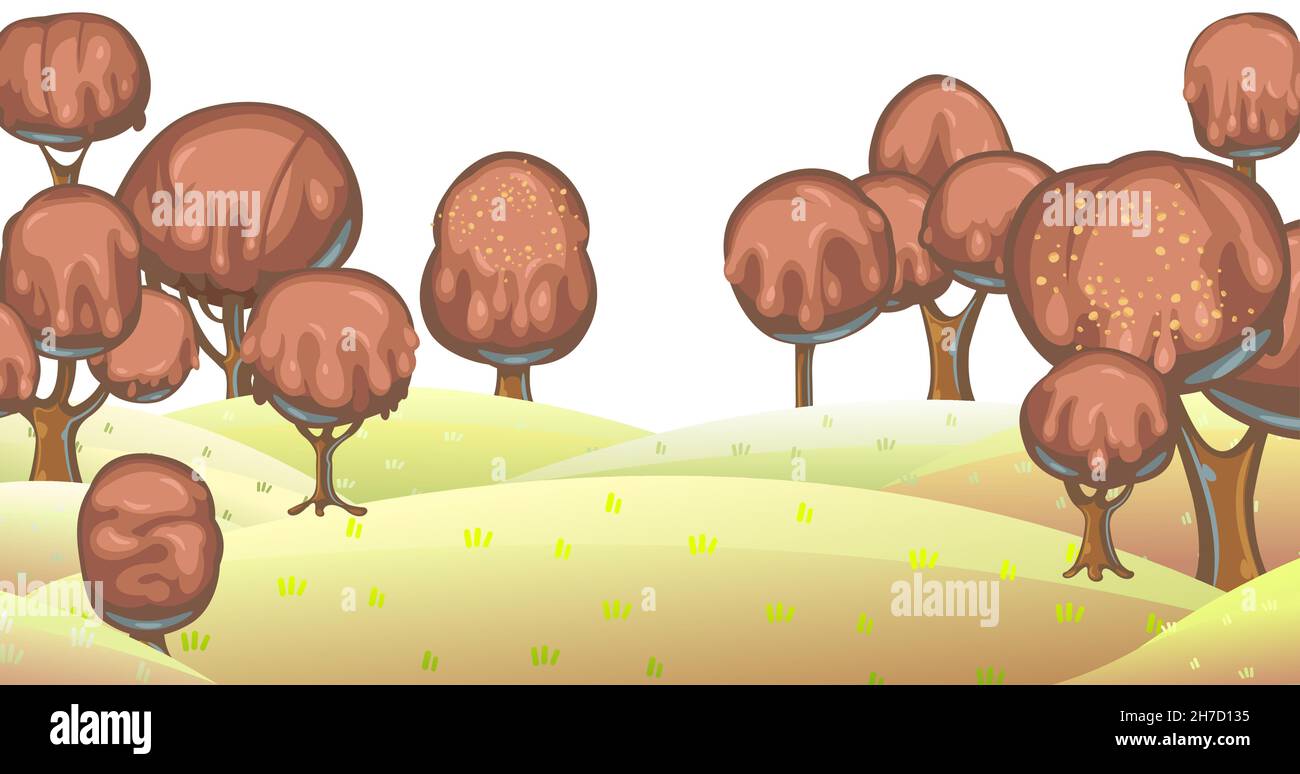 Chocolate trees landscape. Fairy tale garden. Summer fantasy scene. Perspiration. Cartoon style. Childrens dream isolated illustration. Vector Stock Vector