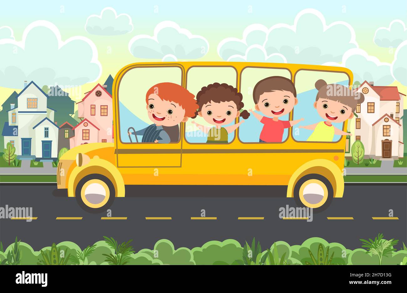 Yellow bus. Cartoon childrens illustration. Children on vacation. Town landscape with suburban road. Automotive tourism. Travel children. Fun and Stock Vector