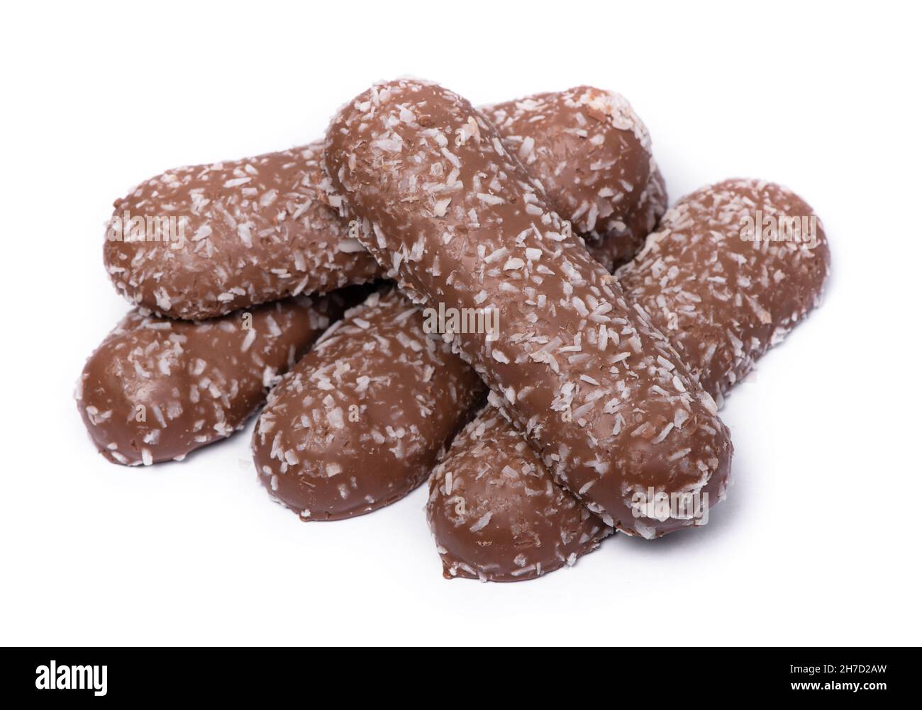 Group of long chocolate bars with coconut powder isolated on white ...