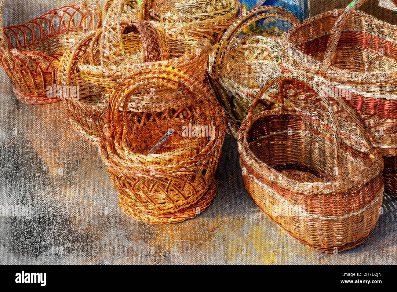 New wicker baskets in the street market. Easter or picnic baskets ...