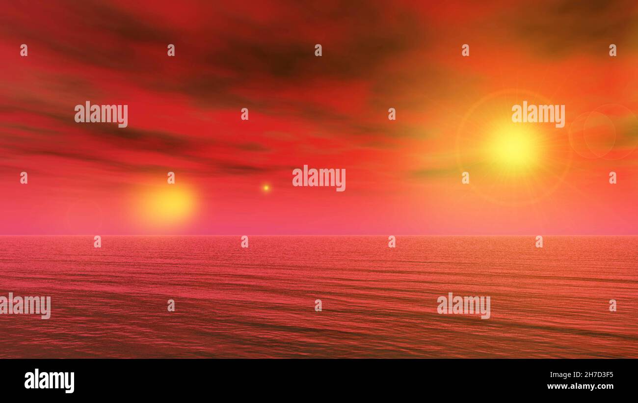 Magic sunrise in the other world, red futuristic sunrise somewhere in the deep space, 3D illustration Stock Photo