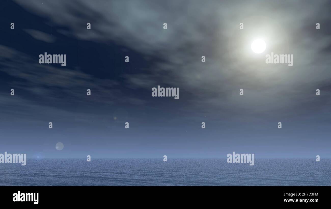 Night sky and sea background, full moon light, 3D illustration of a natural ocean, gloomy background Stock Photo