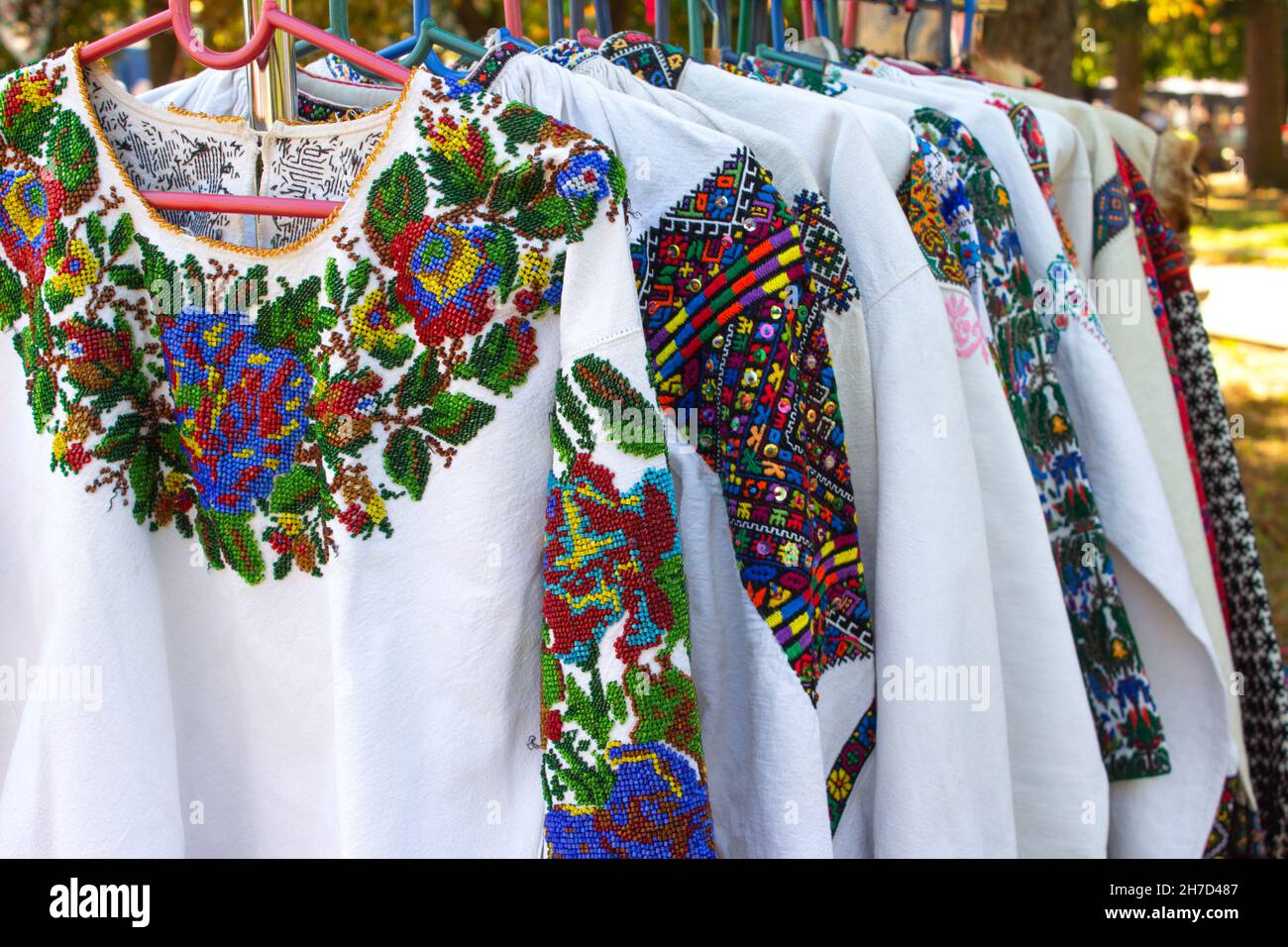 Close up view of vintage ukrainian clothes, vyshyvanka traditional