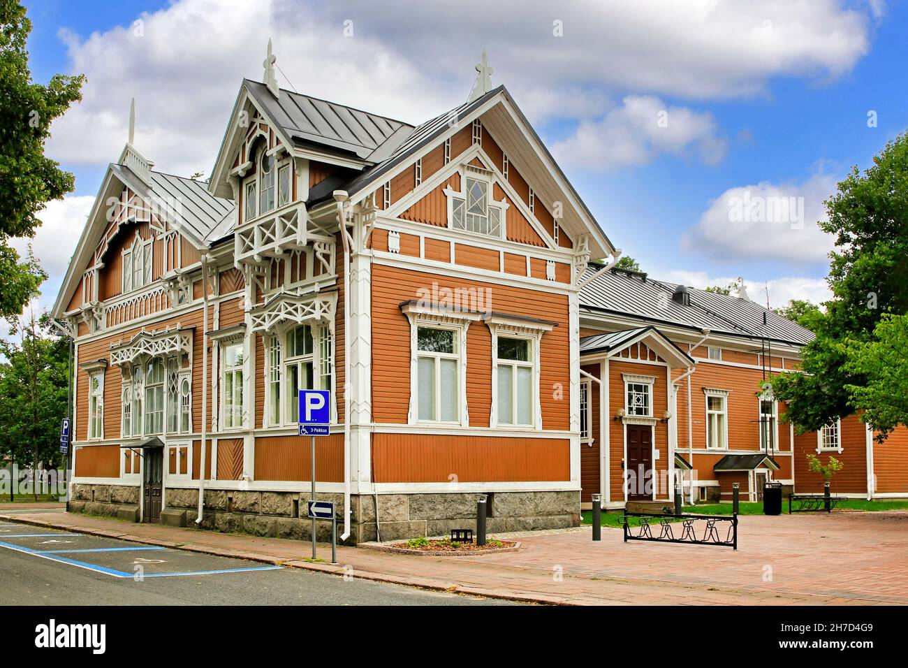 Kärki building or Kärjen talo, 1905, by Otto Dahl is a well known example of beautiful early 1900s wooden architecture in the town of Salo, Finland. Stock Photo