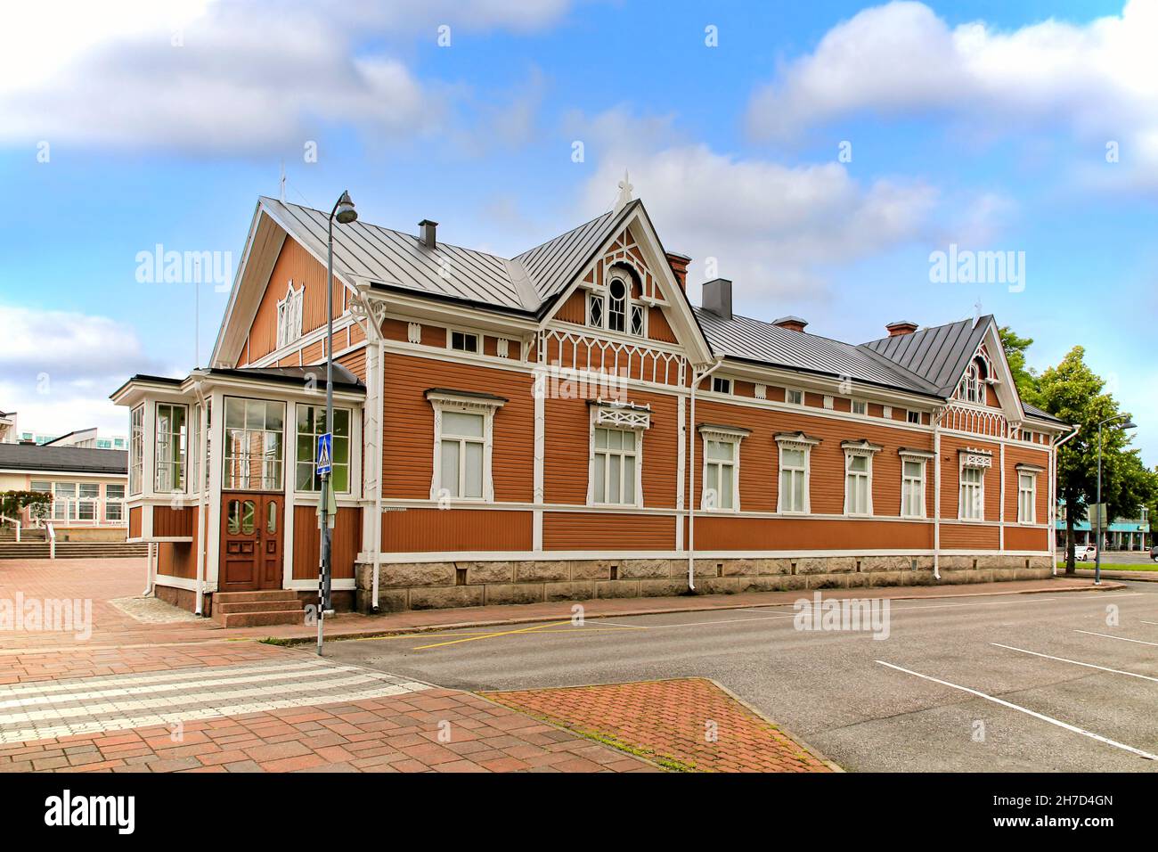 Kärki building or Kärjen talo, 1905, by Otto Dahl is a well known example of beautiful early 1900s wooden architecture in the town of Salo, Finland. Stock Photo