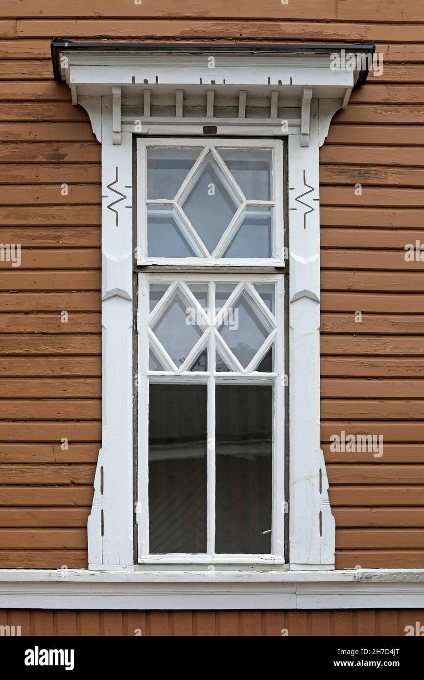 Kärki building or Kärjen talo, 1905, by Otto Dahl represents beautiful early 1900s wooden architecture. Detail of window frame. Salo, Finland. 2020. Stock Photo