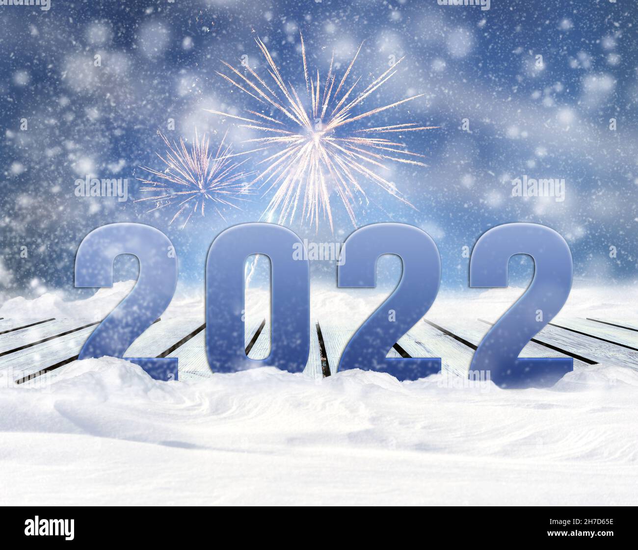 New year 2022, banner greeting card layout with snow. Festive composition of numbers 2022, blue background Stock Photo