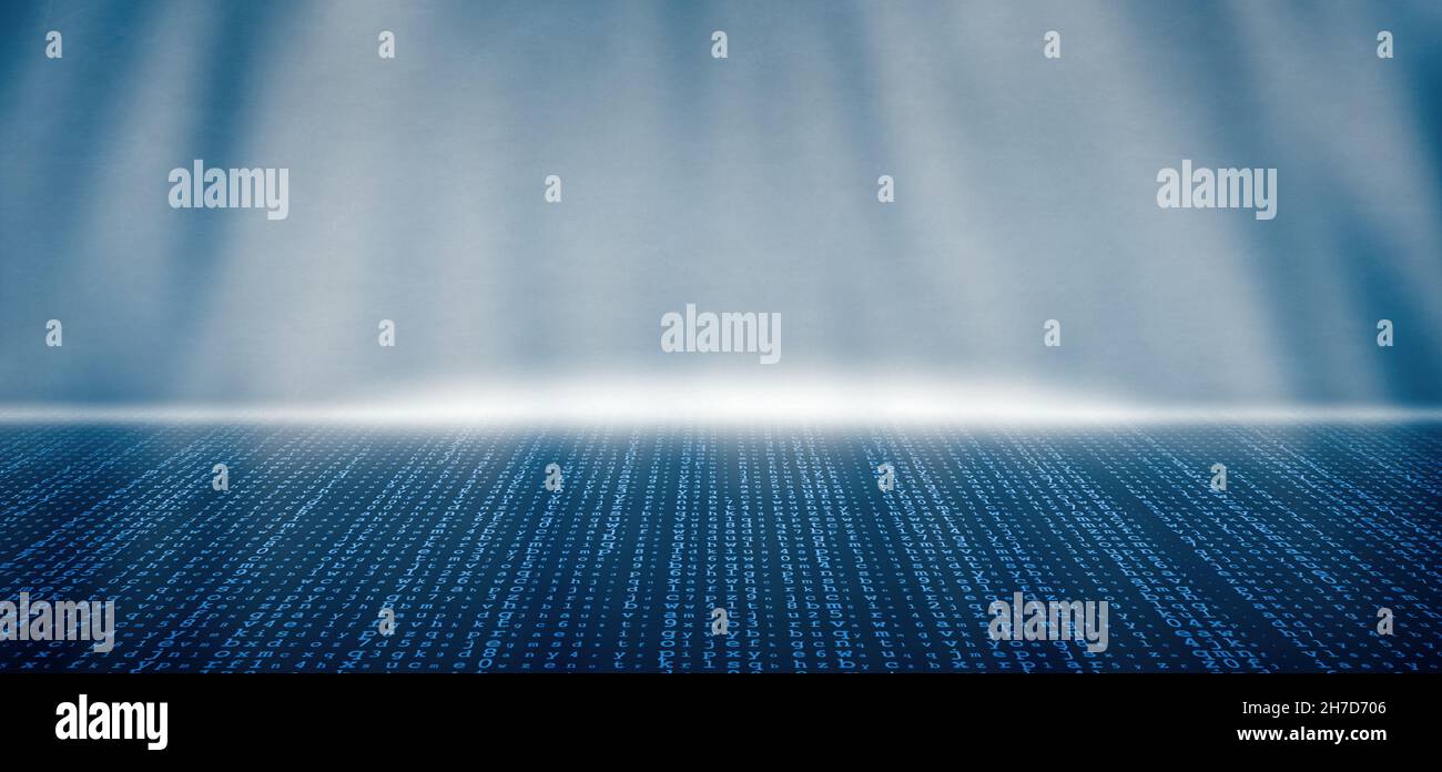 Blue technology background with matrix and light beams Stock Photo