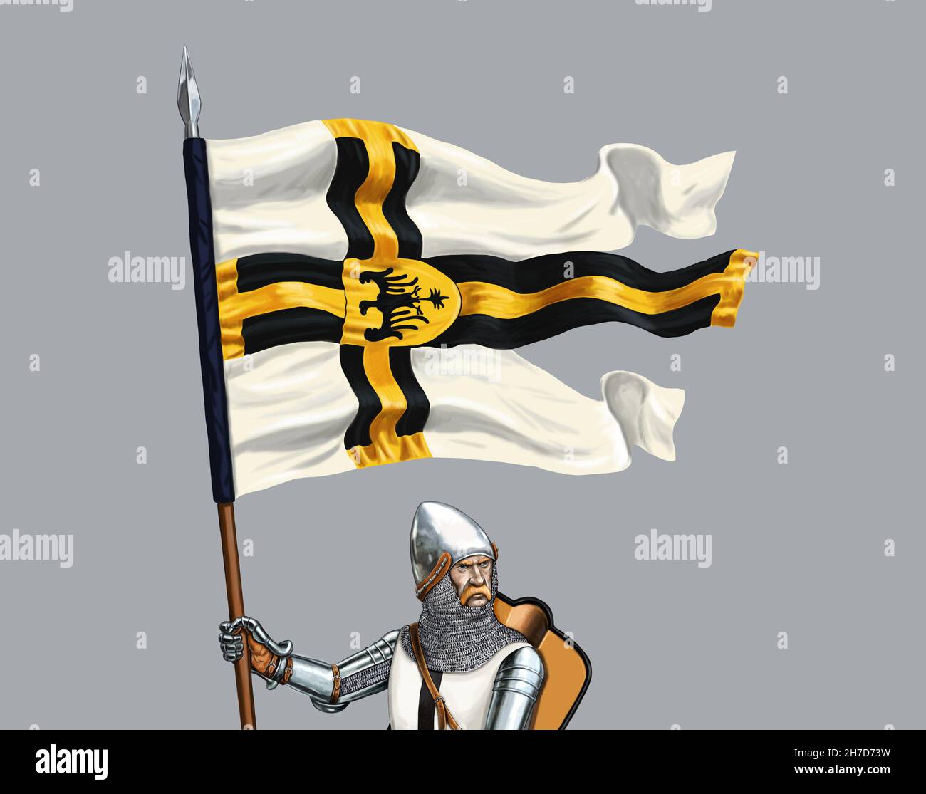 Teutonic knight with the heraldic banner. Medieval knight. XVc. Historical digital illustration. Stock Photo