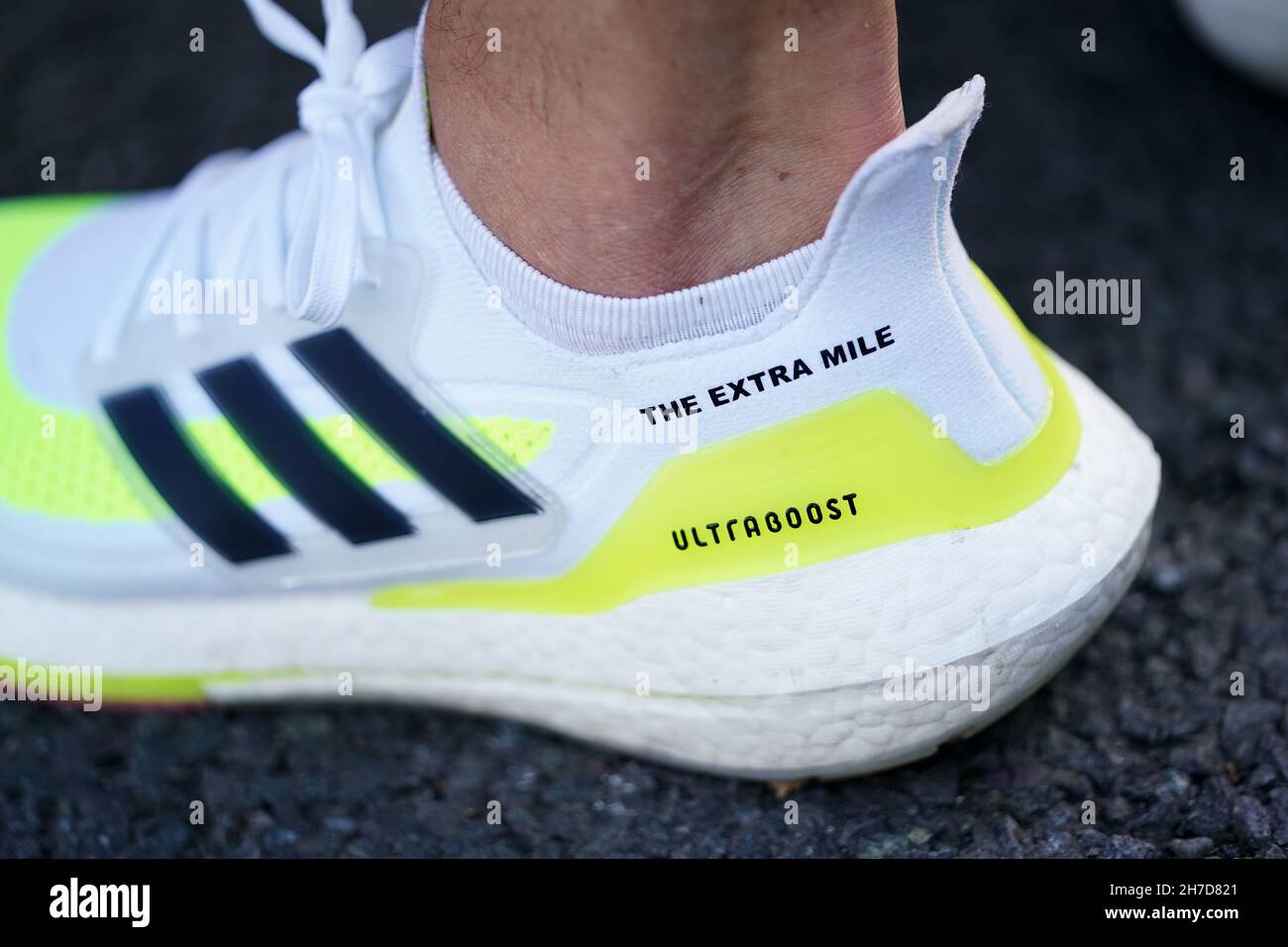 The custom Adidas Ultraboost trainers worn by Kevin Sinfield during the Extra Mile Challenge from the Mattioli Woods Welford Road Stadium in Leicester to the Emerald Headingley Stadium in Leeds. Picture date: Monday November 22, 2021. Stock Photo