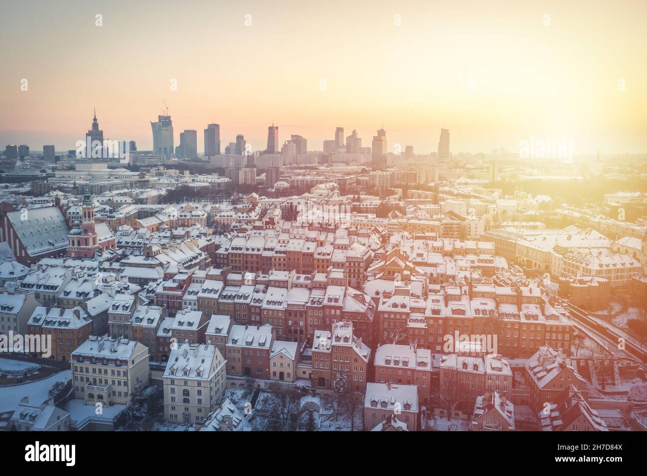 Warsaw downtown and city center at dusk, aerial winter panorama Stock Photo