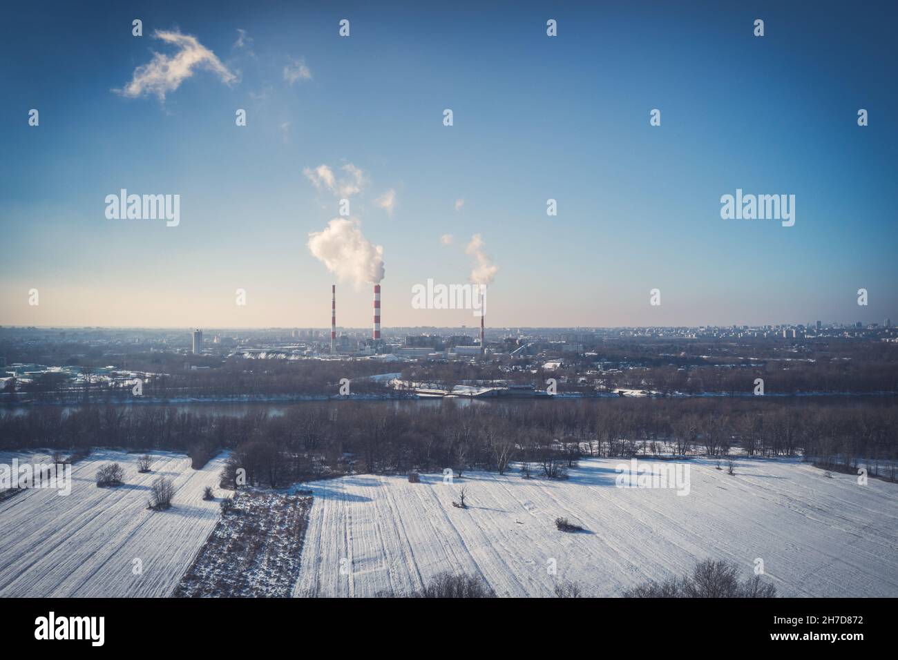 Power plant witch chimneys and smoke aerial view Stock Photo
