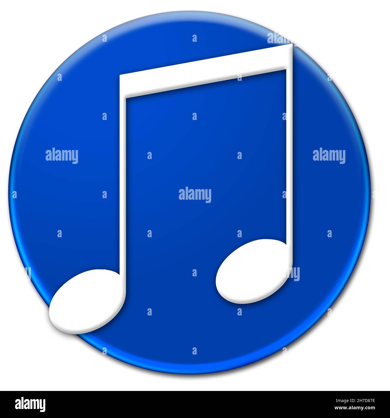 Two music notes combined on a blue glassy button isolated over white background Stock Photo
