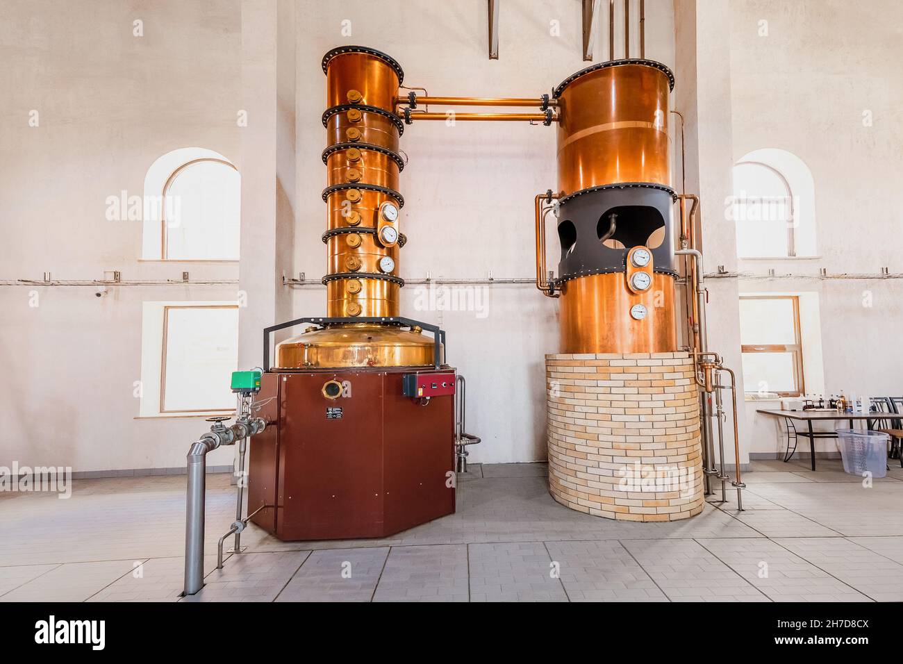 18 May 2021, Armenia Wines factory, Armenia: copper alembic still chalvignac equipment for distilling cognac and strong liqueurs Stock Photo