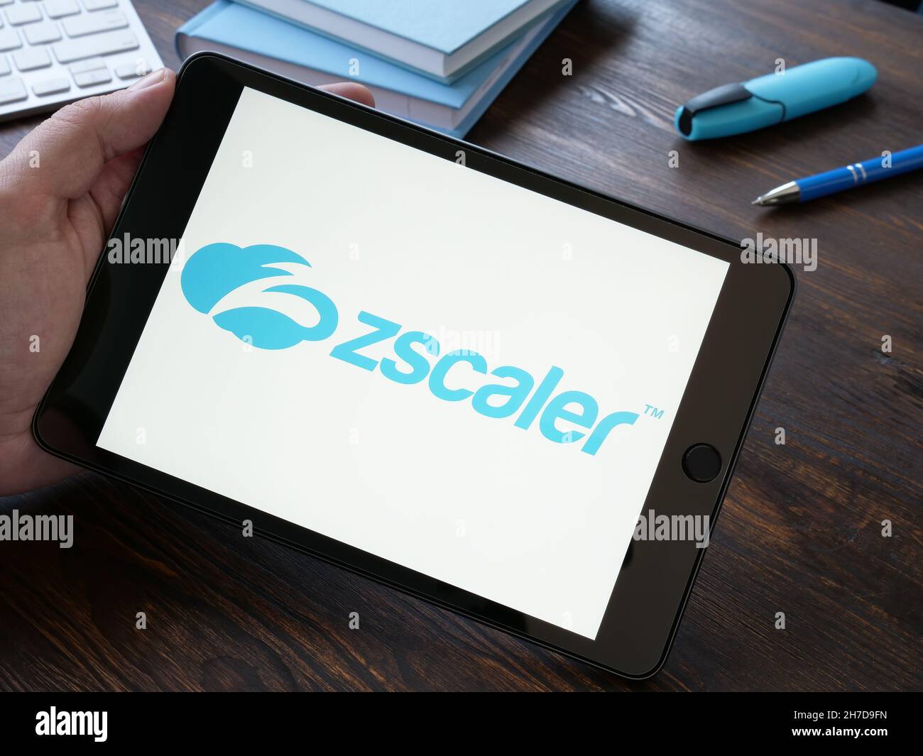 KYIV, UKRAINE - October 20, 2021. Tablet with Zscaler company logo on the screen. Stock Photo