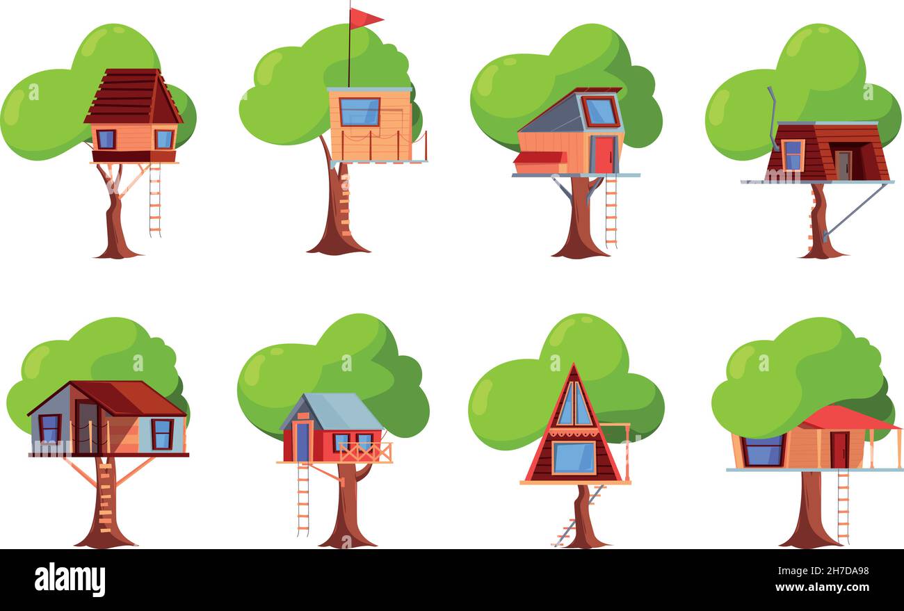 Wooden house on tree. Children funny room tree entertainment for kids