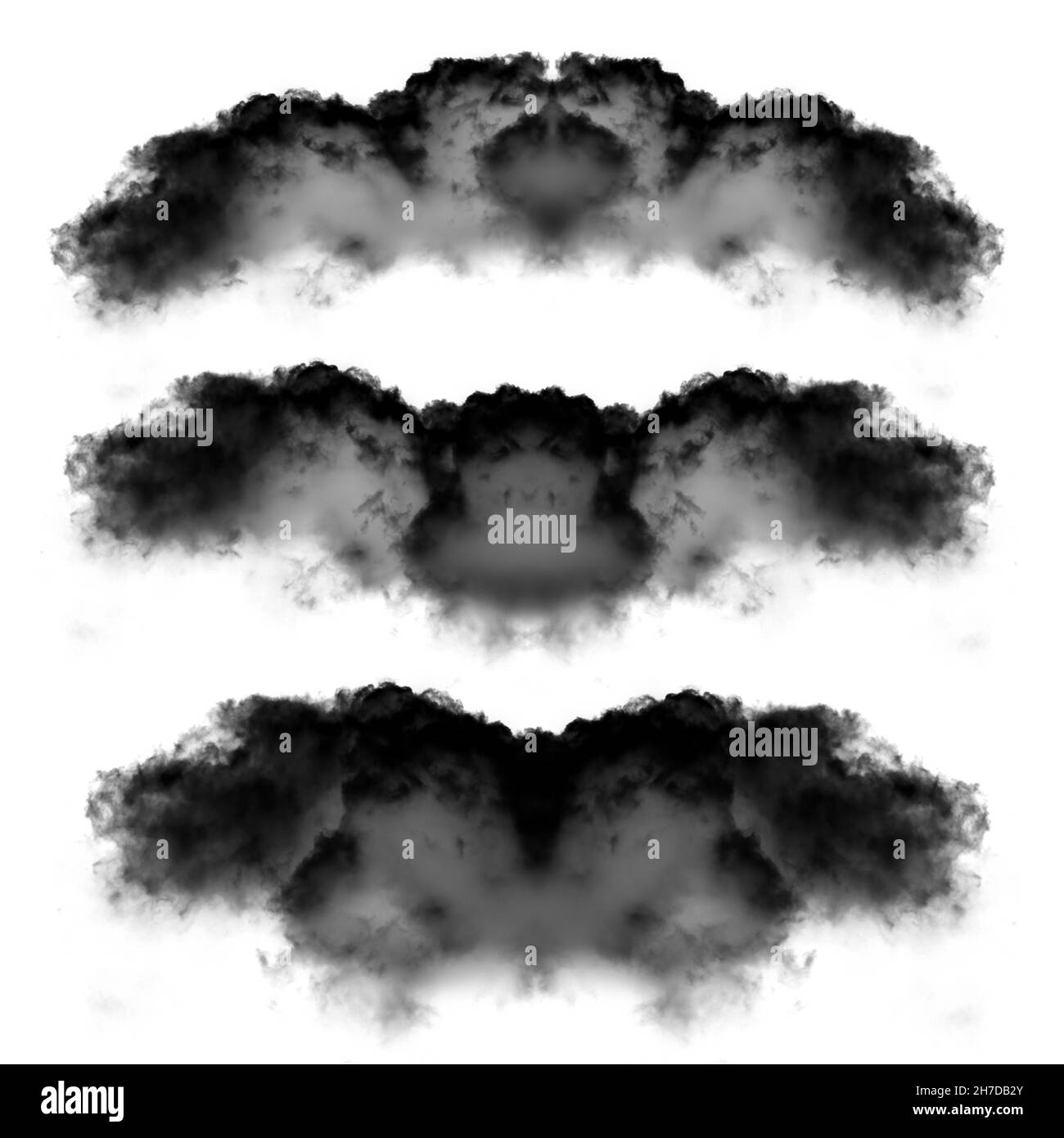 Symmetrical clouds shaped isolated over black background, illustration, drawing, 3D computer generated fluffy cloud shape Stock Photo