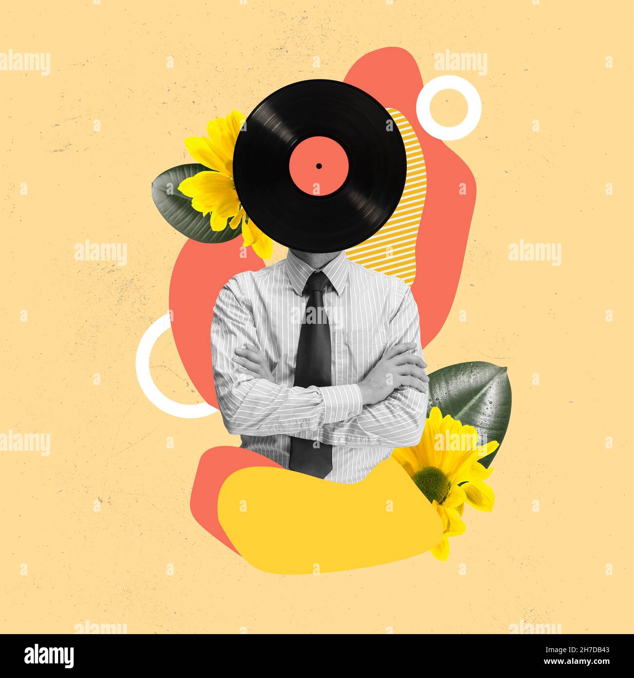 Contemporary art collage of man in a suit with vinyl record head isolated  over floral yellow background. Retro music style Stock Photo - Alamy
