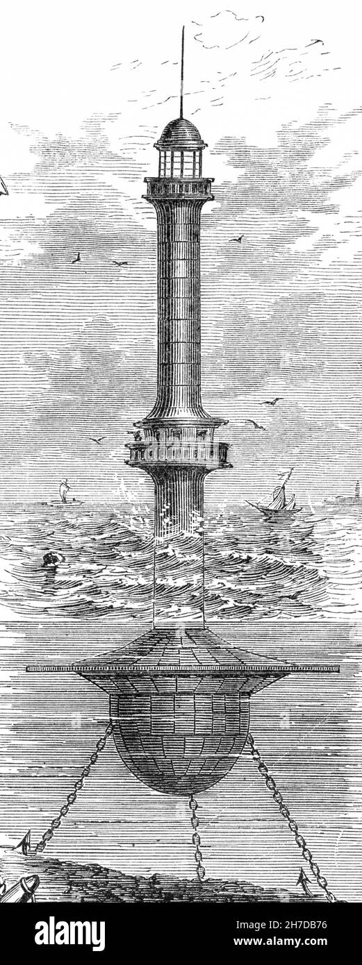 Europa, Großbritannien, England, Liverpool, schwimmender Leuchtturm vor Liverpool , Holzstich, aus einem Buch, aus dem Jahr 1879, Verlag Otto Spamer, konvertiert in schwarzweiß, Kunsturheberrechte werden nicht vertreten . /  Europe, Great Britain, England, Liverpool, floating lighthouse before Liverpool, wood engraving from a book, published 1879, publishing house Otto Spamer, converted in black and white, there are no rights . Stock Photo