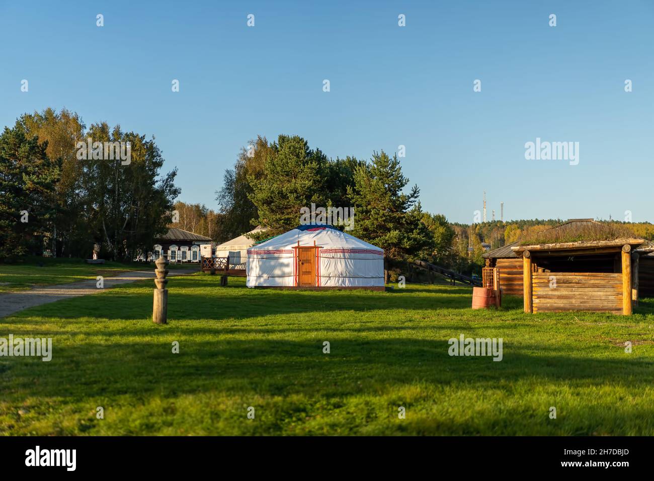 Buryat yurts on the background of a natural landscape. Irkutsk region, Taltsy Stock Photo