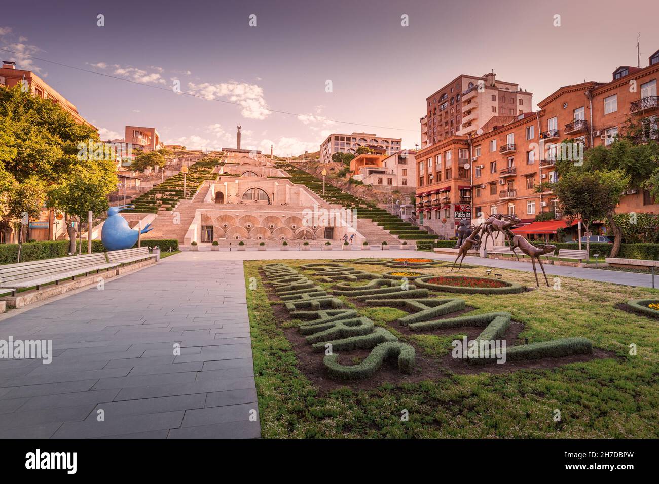 25 May 2021, Yerevan, Armenia: Open-air Cafesjian center of Arts and famous Cascade monument. Travel attractions and destinations in Yerevan Stock Photo