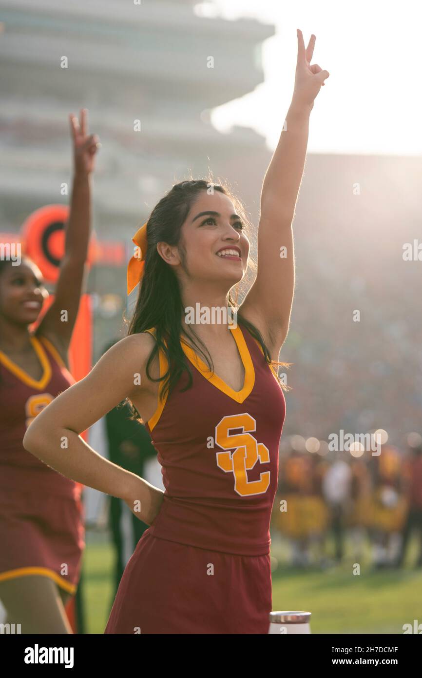 USC Trojans cheerleader during a NCAA football game against the UCLA Bruins, Saturday, Nov. 20, 2021, in Los Angeles, the Bruins defeated the Trojans Stock Photo
