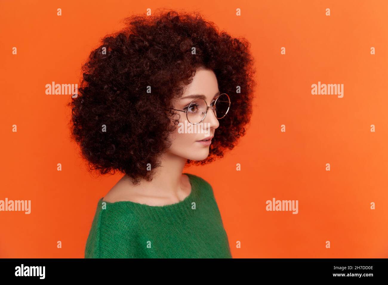 Side view of beautiful woman with Afro hairstyle wearing green casual style sweater and optical eyeglasses, looking away, skin care. Indoor studio shot isolated on orange background. Stock Photo