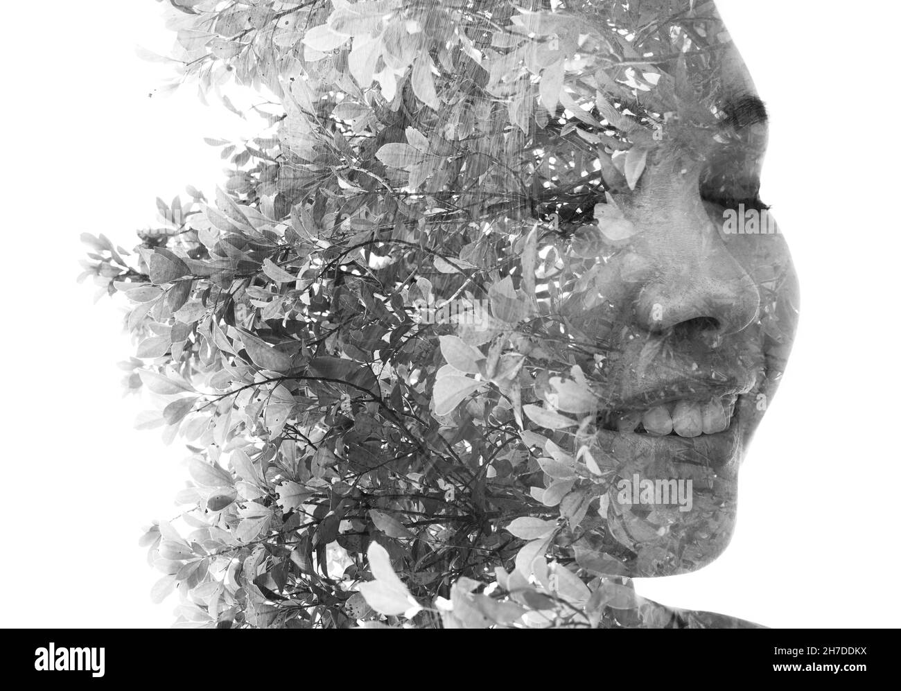 A double exposure portrait of a woman combined with an image of foliage ...